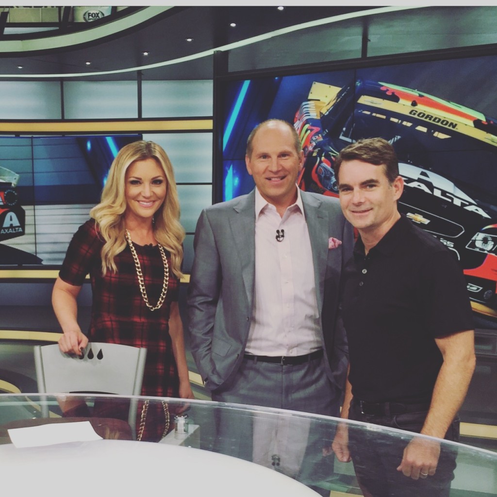 Danielle Trotta and Adam Alexander look forward to new FOX NASCAR analyst Jeff Gordon at Race Hub! Photo courtesy of Danielle Trotta