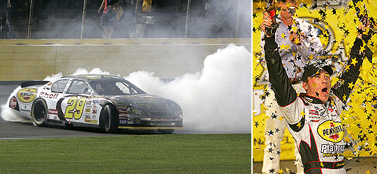 Kevin Harvick scores a smoke-filled win at Charlotte.