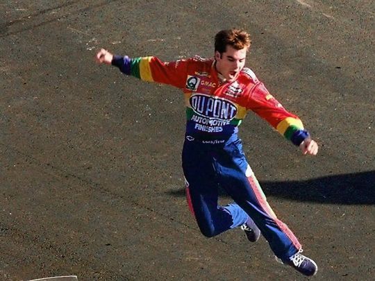 Gordon expressed his excitement of winning the '97 Cup title by leaping off his 24 car at Atlanta.