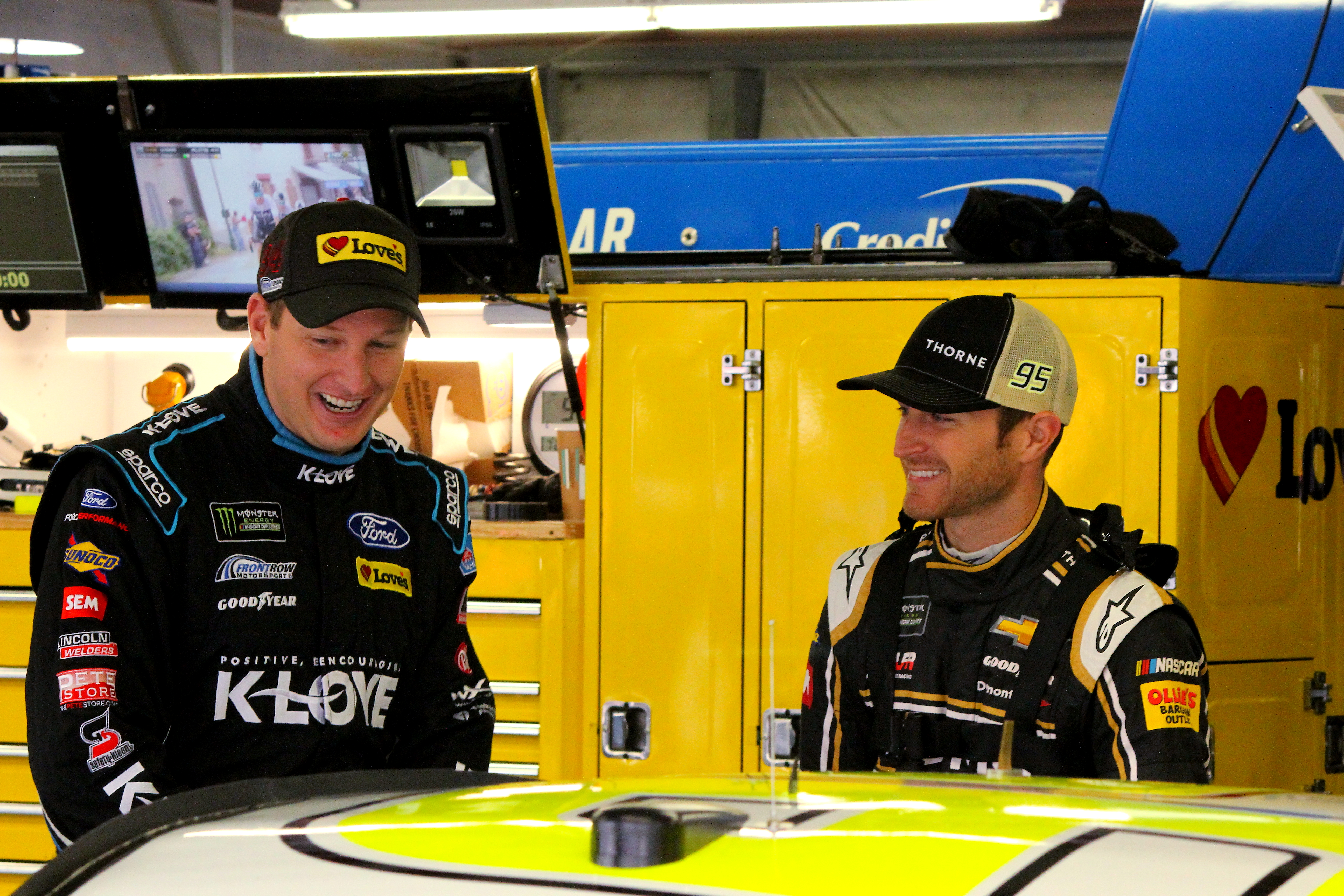 Ultimately, Kahne will be missed in the NASCAR garage, as seen during a light moment with Michael McDowell at Loudon. (Photo Credit: Josh Jones/TPF)