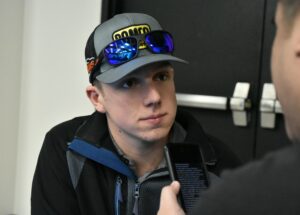 Image of the number Front Row Motorsports NASCAR driver John Hunter Nemechek being interviewed by Rob rob Tiongson.