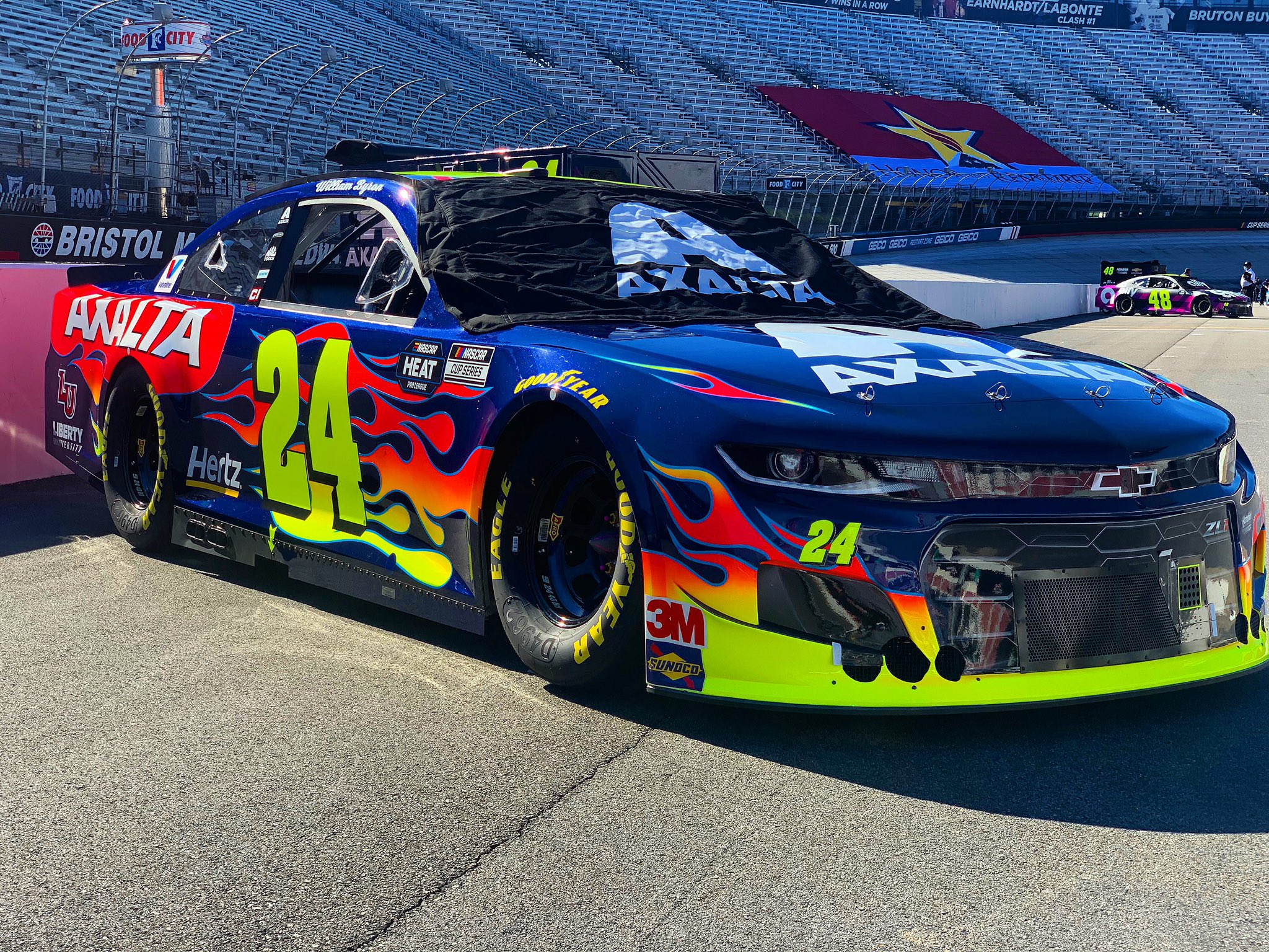 As soon as the green flag drops, William Byron and his competitors race for the Supermarket Heroes 500 win. (Photo Credit: Axalta Racing's Twitter)