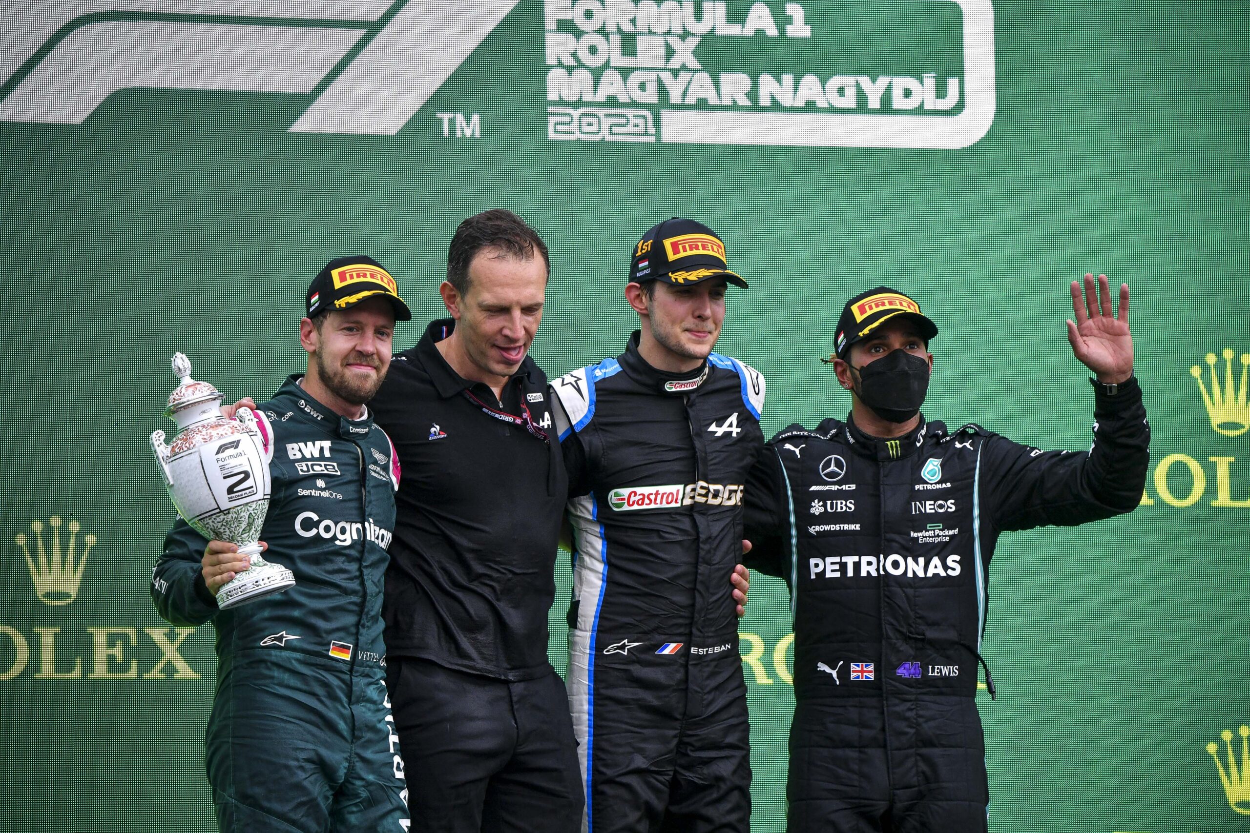 While Sebastian Vettel was disqualified following the podium celebration, Ocon and Hamilton enjoyed a Hungarian podium celebration. (Photo: LAT Images)