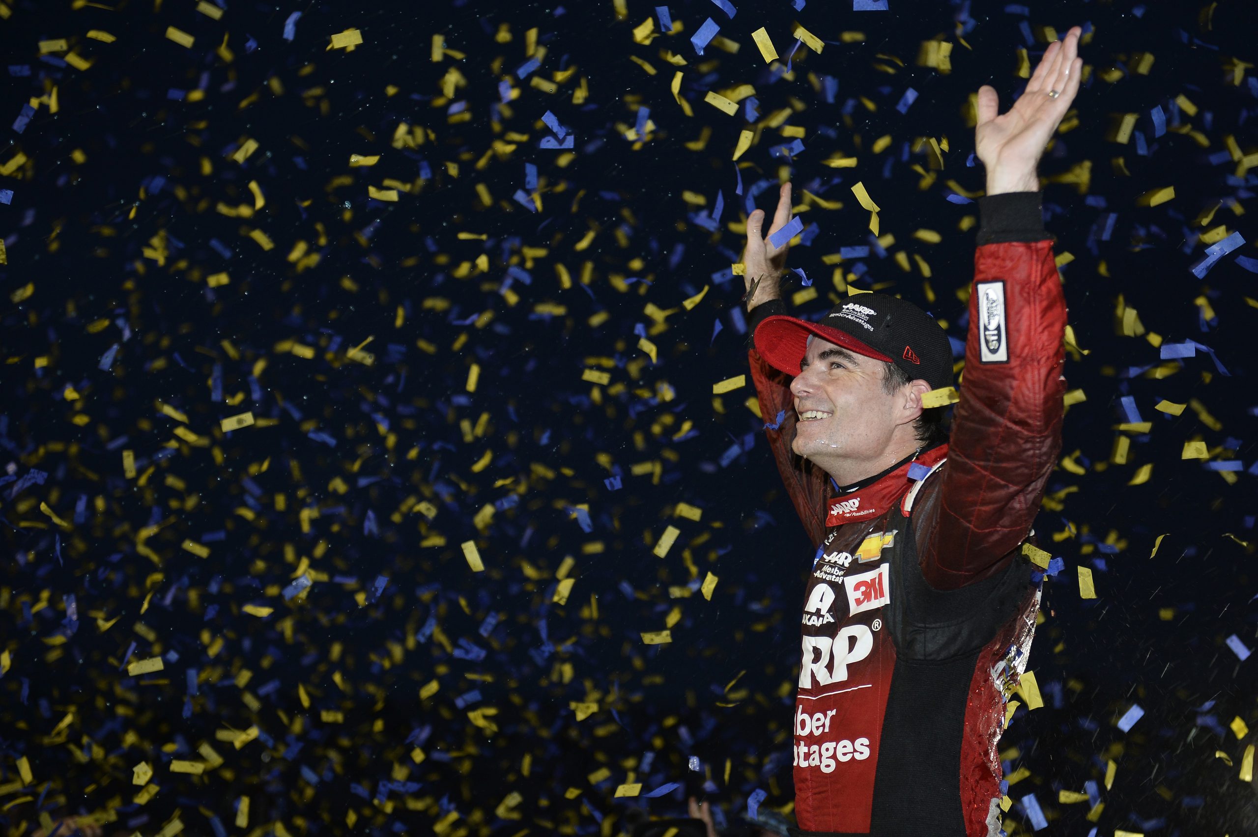 Gordon celebrates his final NASCAR Cup Series win, embracing the cheers from fans who previously booed him at Martinsville Speedway. (Photo: John Harrelson | Nigel Kinrade Photography via Hendrick Motorsports)