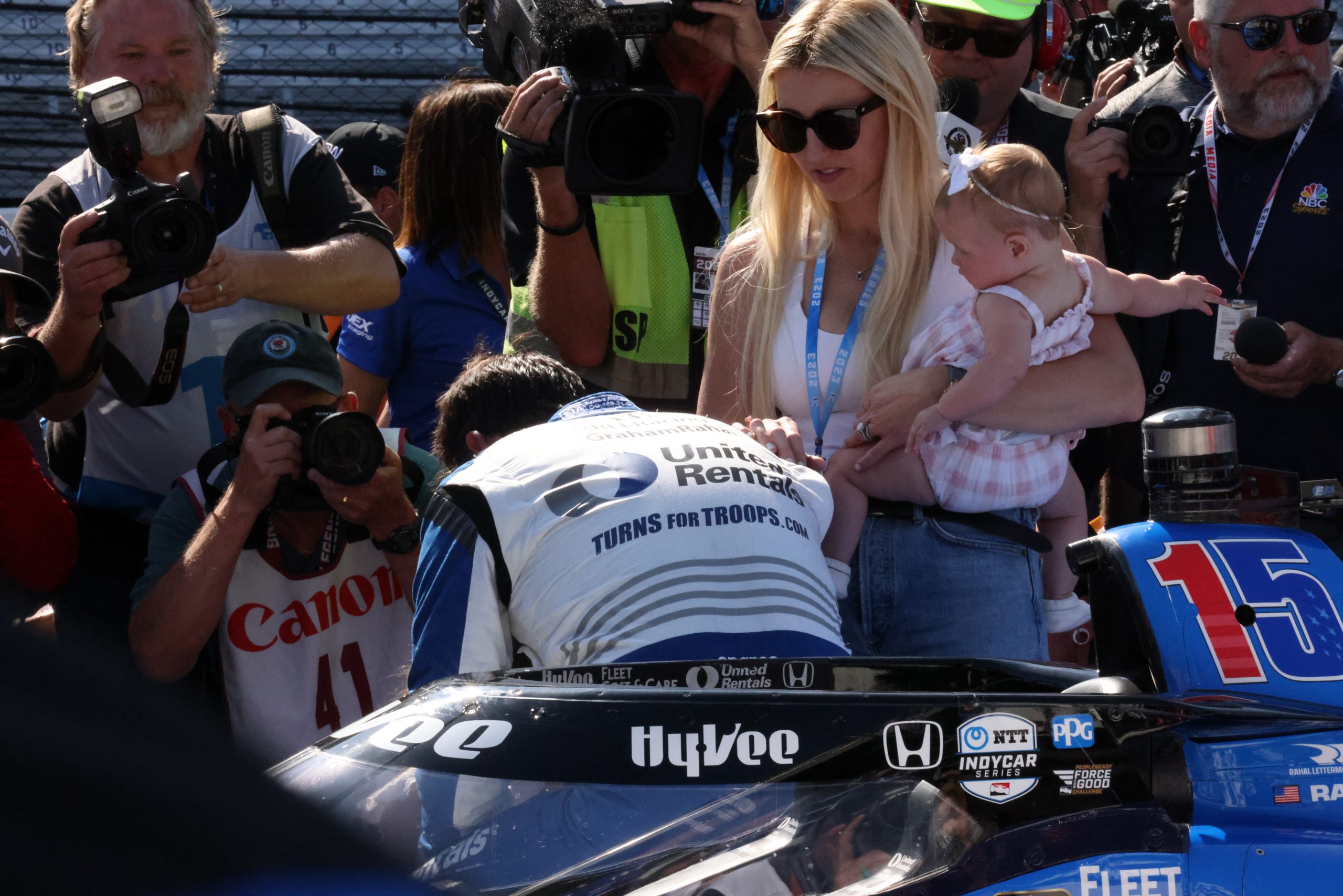Graham Rahal's wife, Courtney Force, consoles him after missing the Indy 500. (Photo: Luis Torres | The Podium Finish)