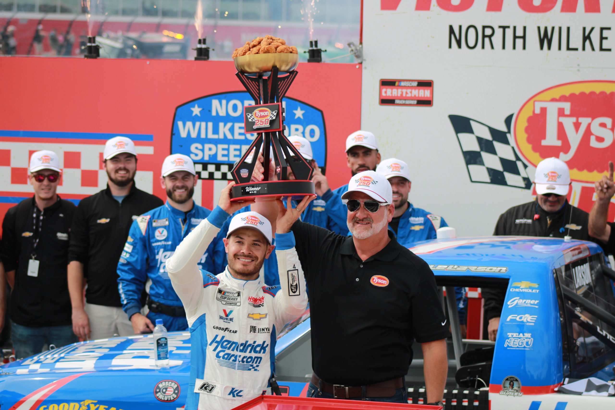 Kyle Larson scored an epic cup of Tyson popcorn nuggets trophy in all of motorsports at North Wilkesboro Speedway. (Photo: Trish McCormack | The Podium Finish)