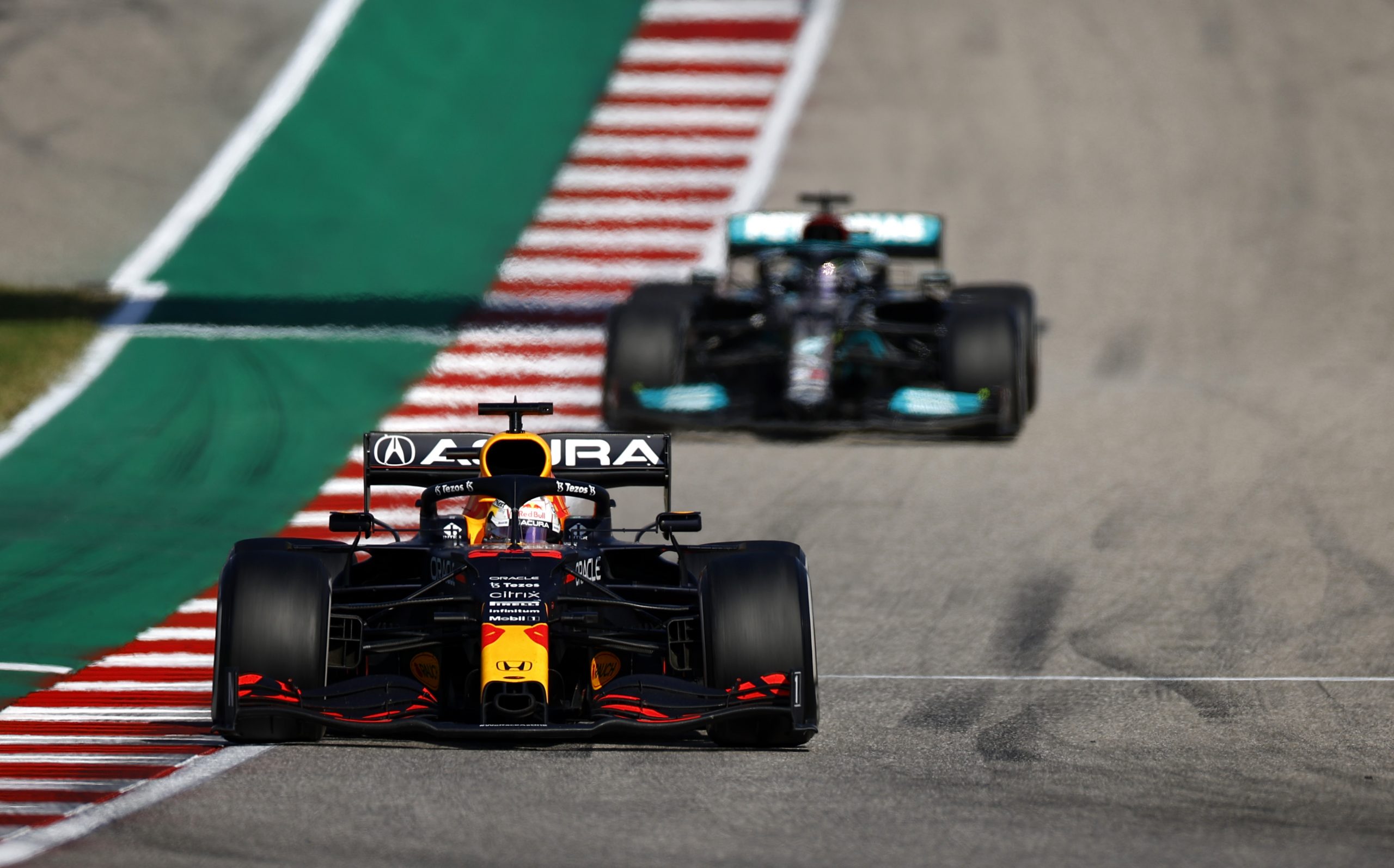 Max Verstappen and Lewis Hamilton waged in a spirited battle at Circuit of the Americas in 2021. (Photo: Jared C. Tilton | Getty Images / Red Bull)