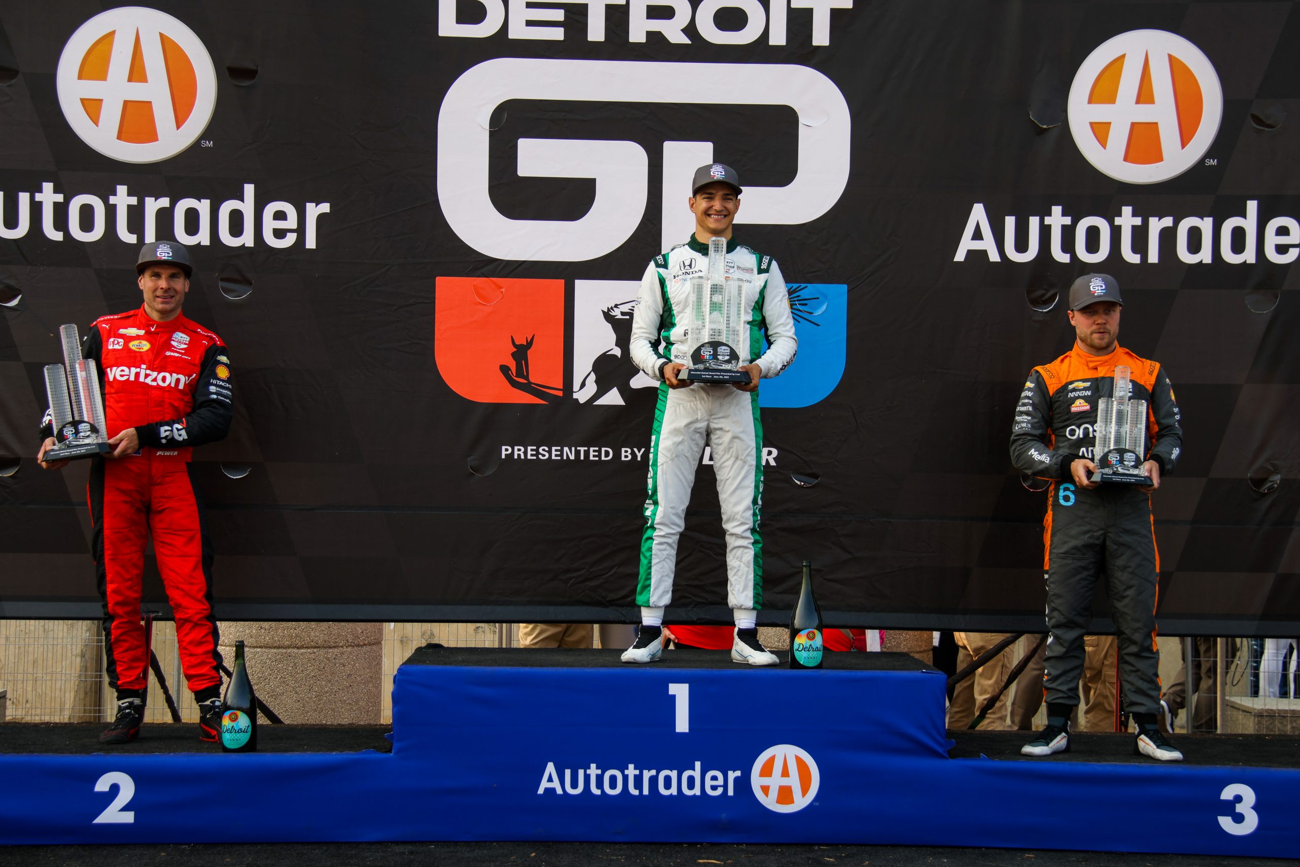 Palou stood proud and tall on the Autotrader podium in Detroit. (Photo: Wayne Riegle | The Podium Finish)