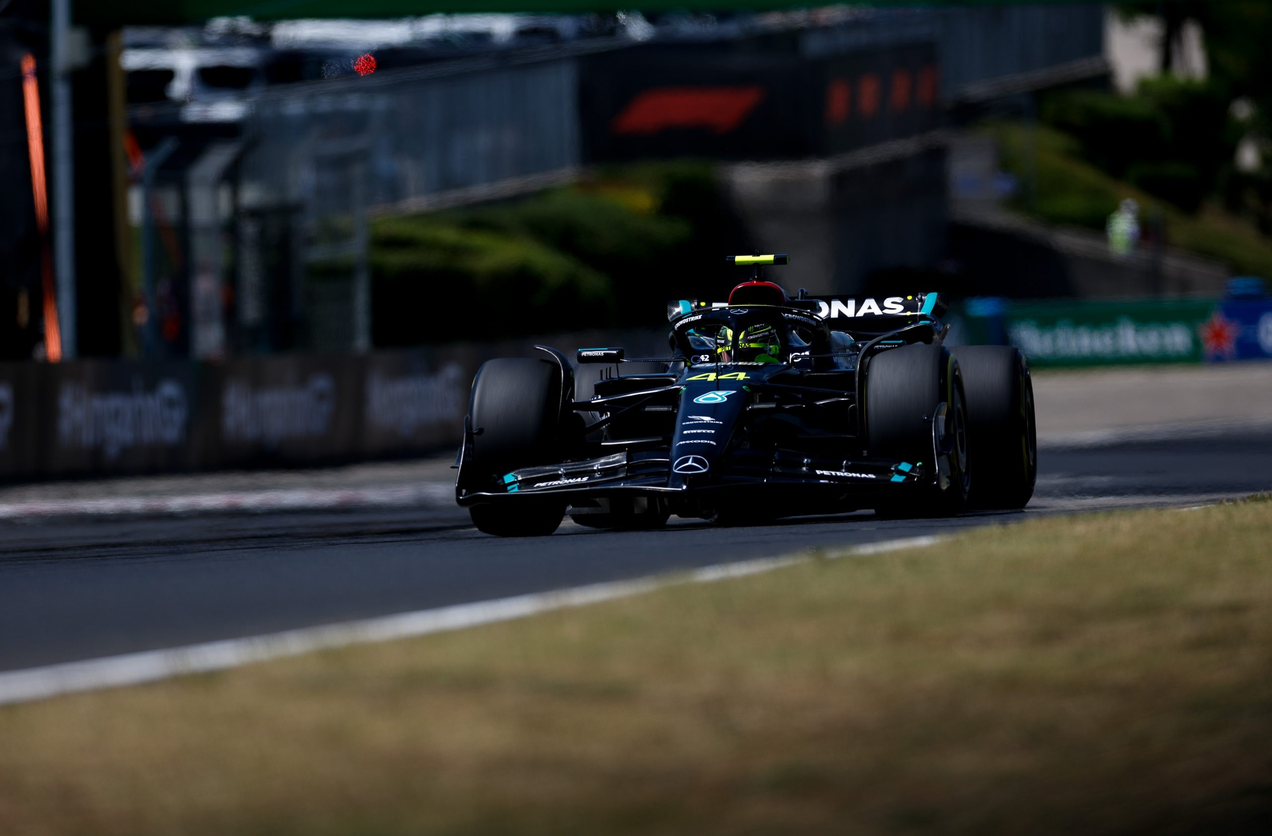 Lewis Hamilton (44) in his Mercedes on track at the Hungaroring during the Saturday track sessions for the Hungarian Grand Prix.