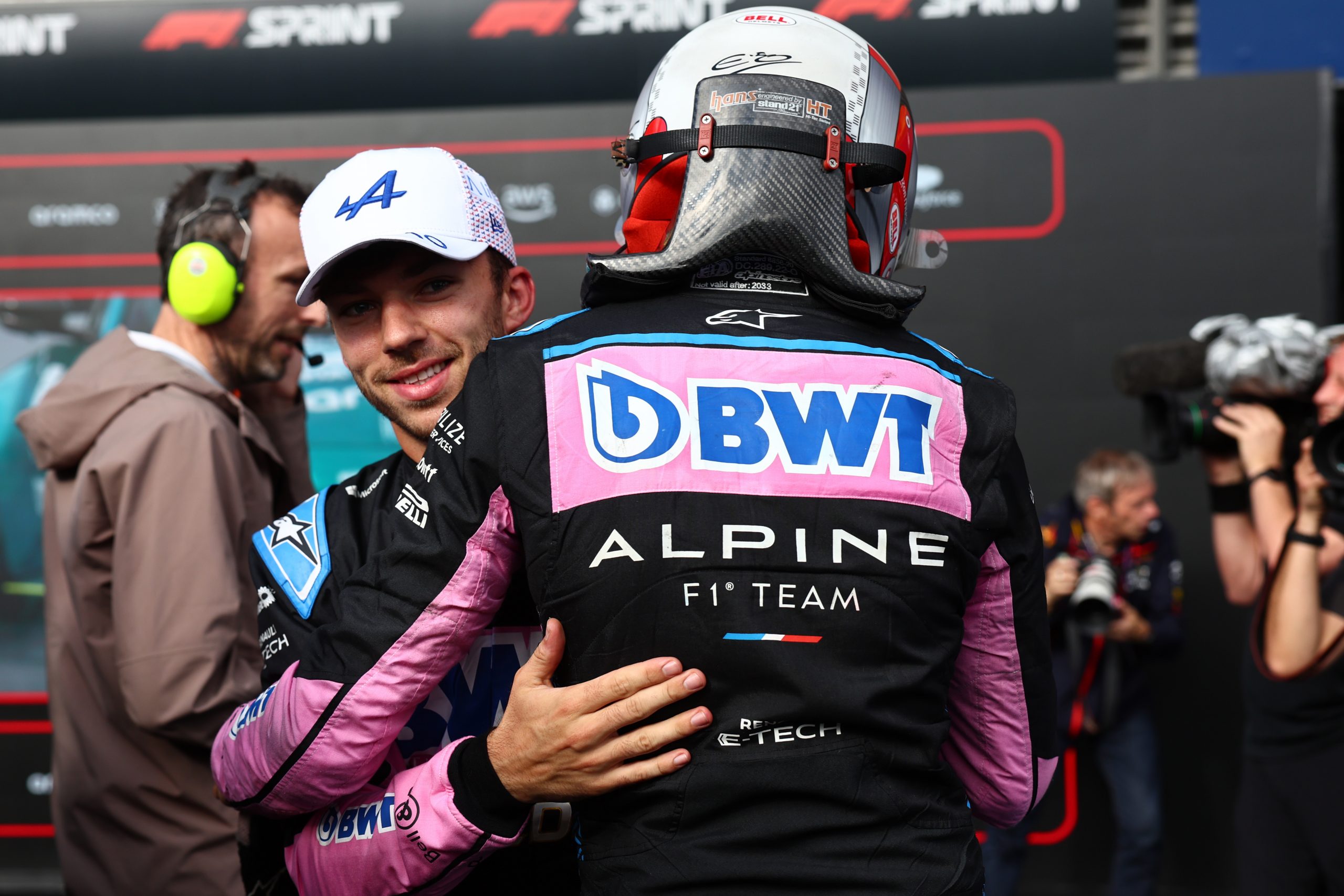 Pierre Gasly celebrates with Alpine Racing teammate Esteban Ocon following the 2023 Formula 1 Belgium Grand Prix Sprint Race