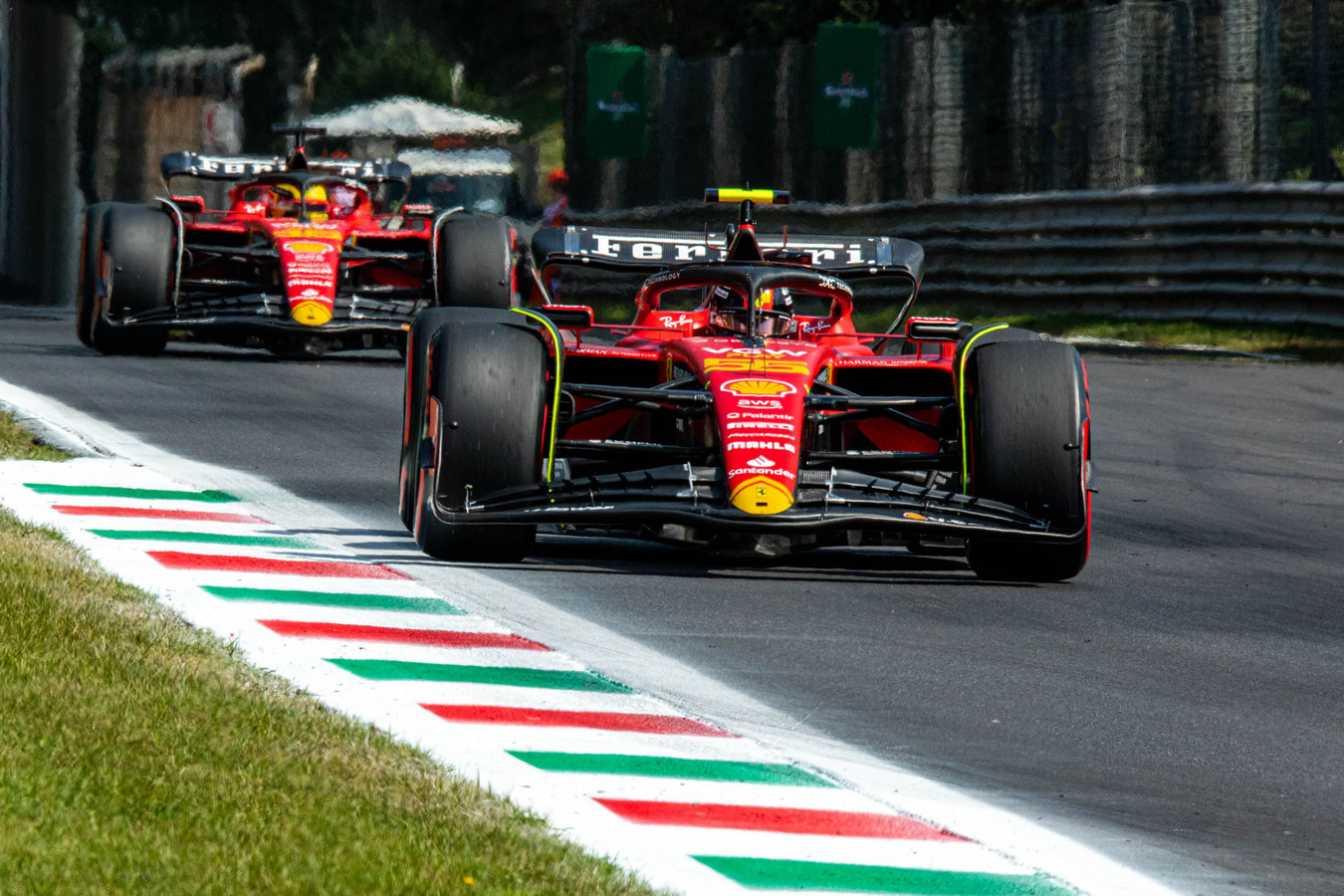 Carlos Sainz (55) leads Ferrari teammate Charles Leclerc (16) during the Saturday sessions at the Monza Circuit for the Formula 1 Italian Grand Prix