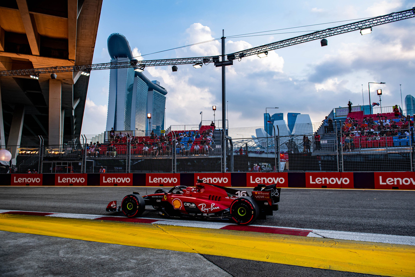 Charles Leclerc (16) runs practice laps in his Ferrari at the Marina Bay Street Circuit for the Formula 1 Singapore Grand Prix
