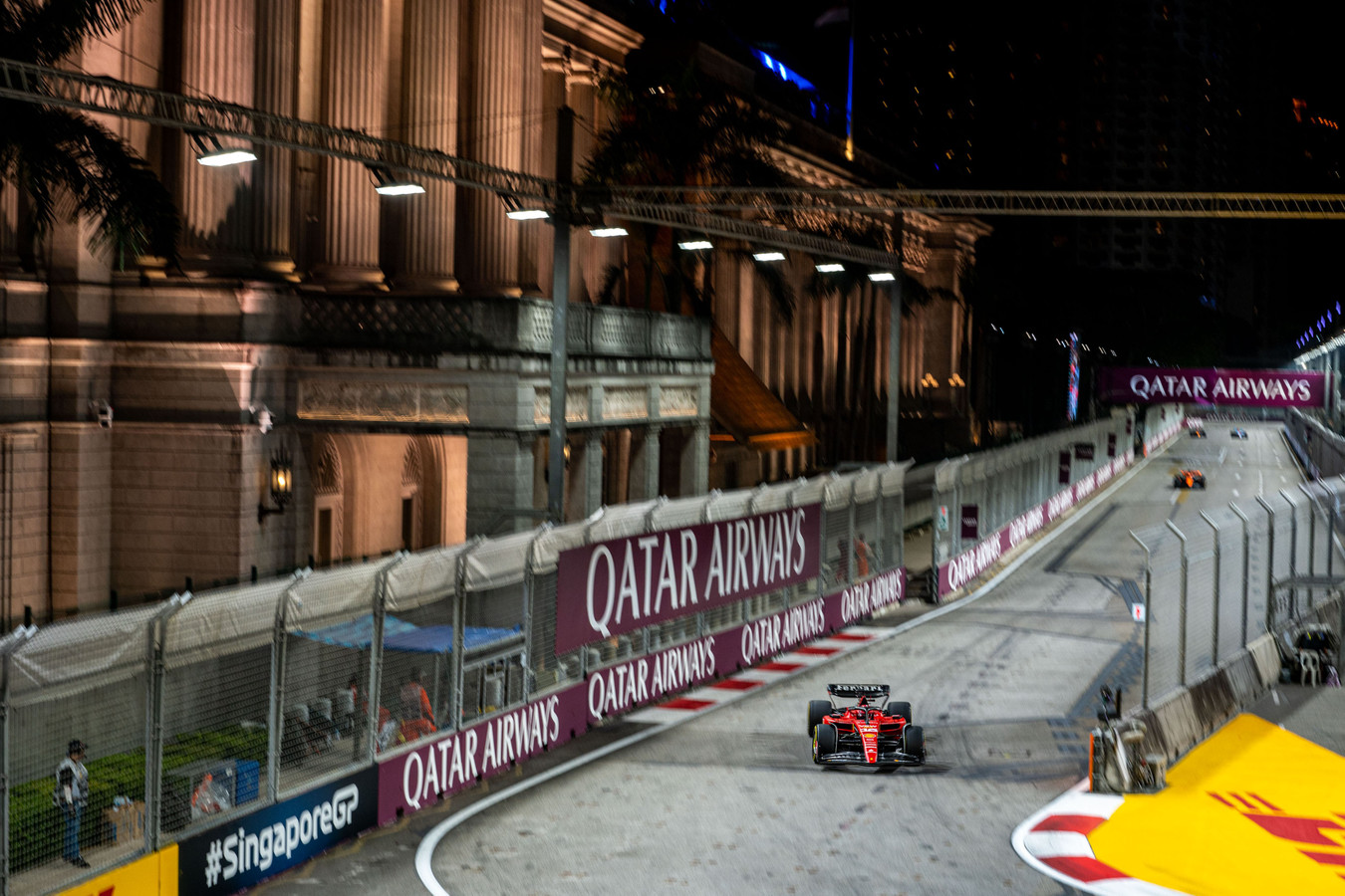 Charles Leclerc (16) runs practice laps in his Ferrari on the streets of Marina Bay ahead of the Formula 1 Singapore Grand Prix