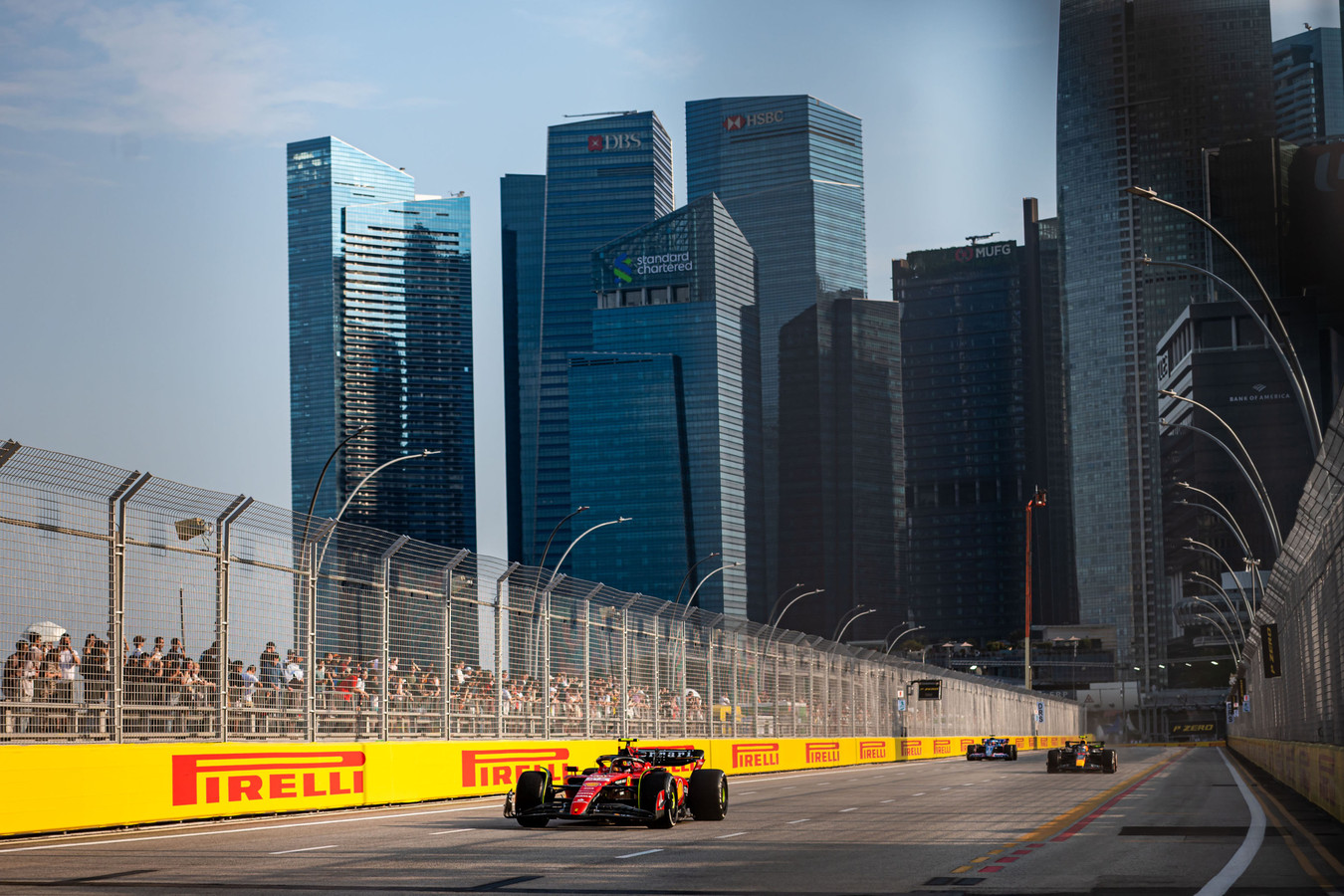 Carlos Sainz (55) drives his Ferrari on the Marina Bay Street Circuit during opening practice for the Formula 1 Singapore Grand Prix