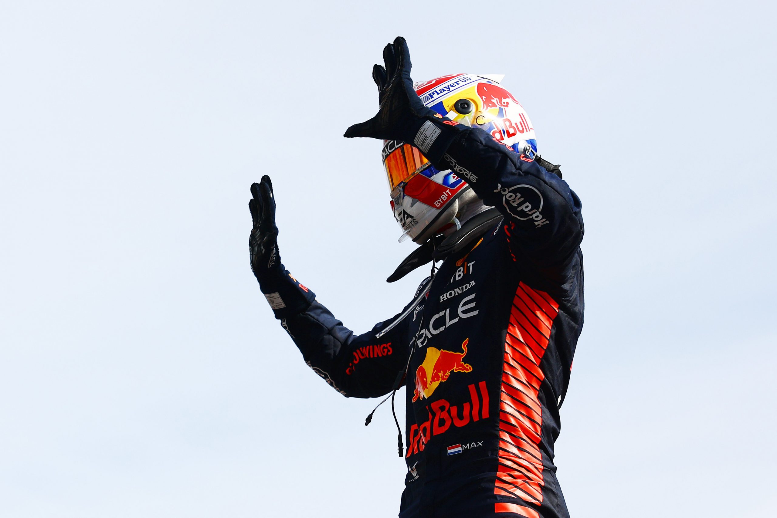 Max Verstappen (1) holds up 10 fingers after winning his 10th Grand Prix in a row for Red Bull Racing following the end of the Formula 1 Italian Grand Prix at Monza