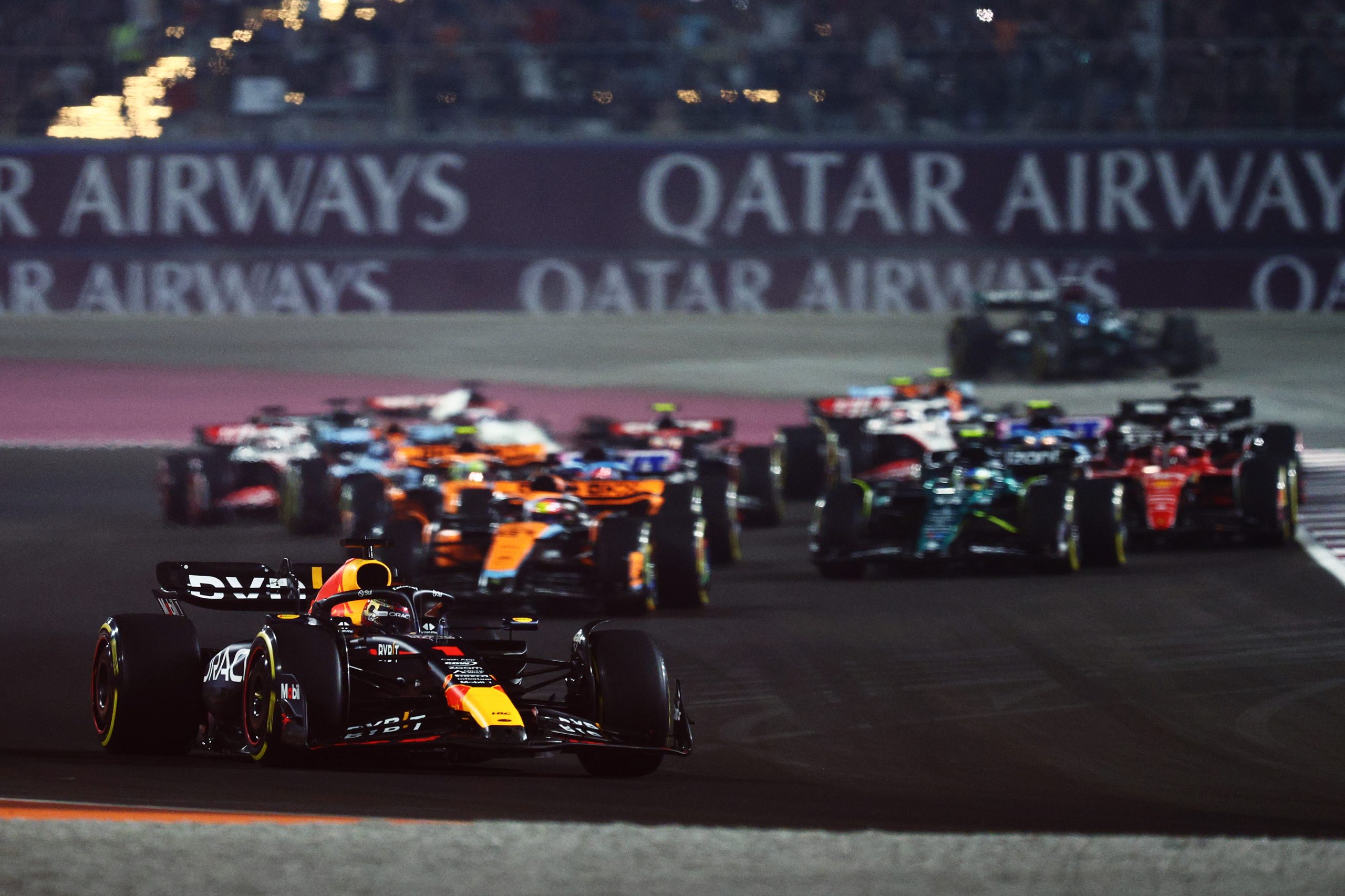 Max Verstappen of the Netherlands driving the (1) Oracle Red Bull Racing RB19 leads the field at the start during the F1 Grand Prix of Qatar at Lusail International Circuit on October 08, 2023 in Lusail City, Qatar. (Photo by Clive Rose/Getty Images)