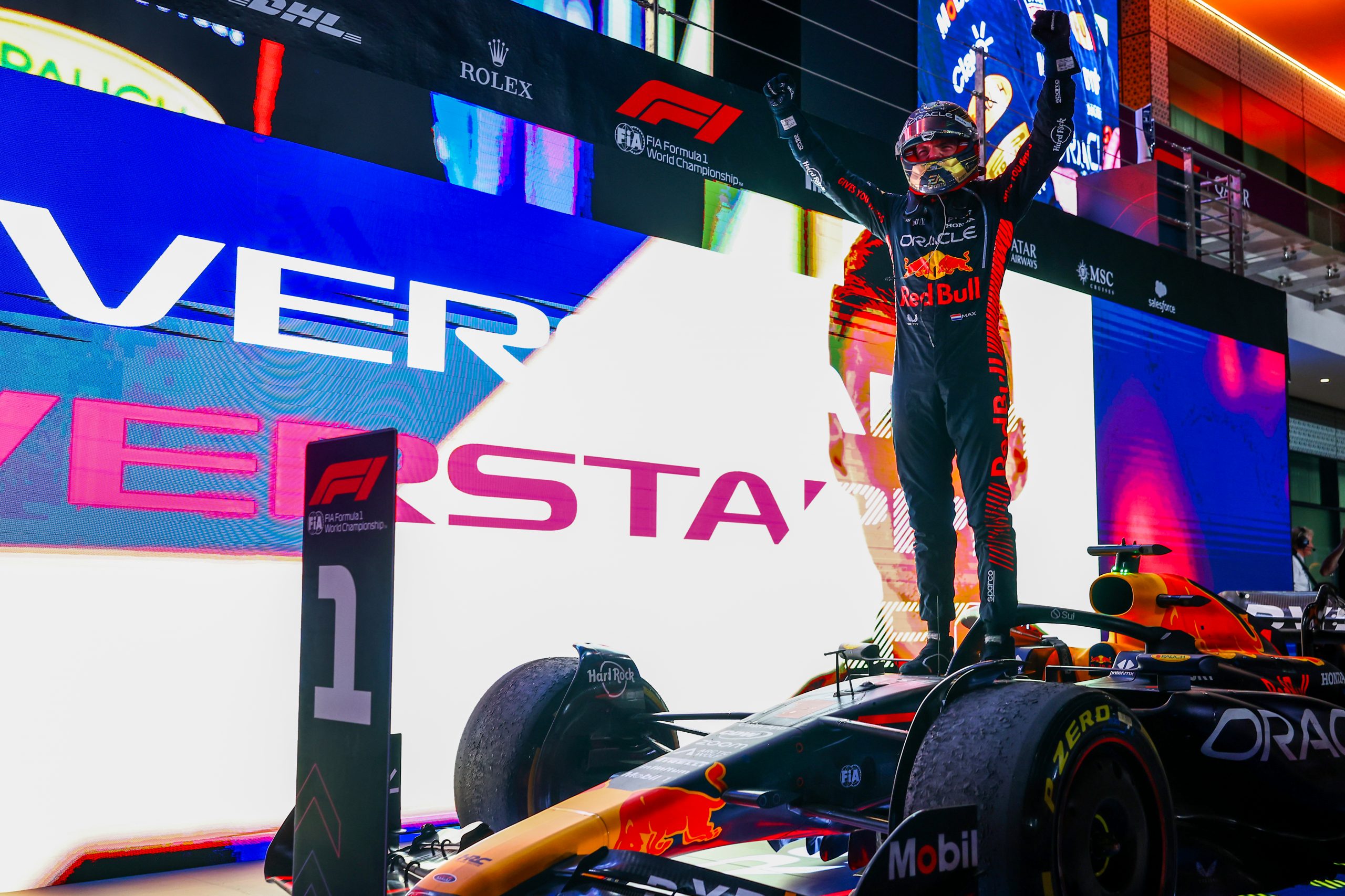 Race winner Max Verstappen of the Netherlands and Oracle Red Bull Racing celebrates in parc ferme during the F1 Grand Prix of Qatar at Lusail International Circuit on October 08, 2023 in Lusail City, Qatar. (Photo by Mark Thompson/Getty Images)