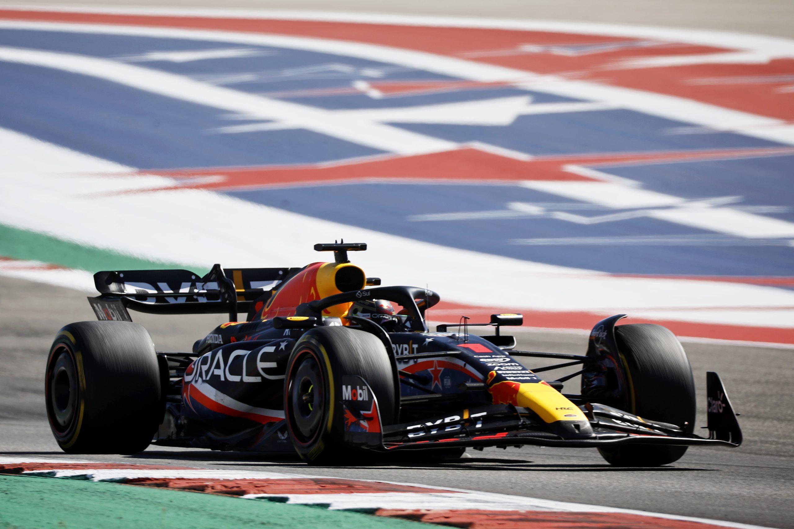 Max Verstappen of the Netherlands driving the (1) Oracle Red Bull Racing RB19 on track during the F1 Grand Prix of United States at Circuit of The Americas on October 22, 2023 in Austin, Texas. (Photo by Chris Graythen/Getty Images)