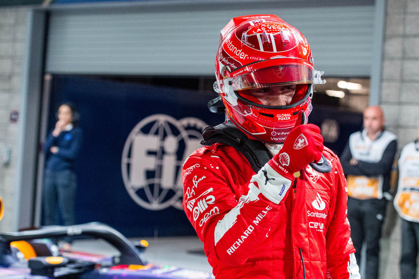 Charles Leclerc of Ferrari celebrates winning pole position at the Las Vegas Street Circuit ahead of the Las Vegas Grand Prix (Source: Scuderia Ferrari)