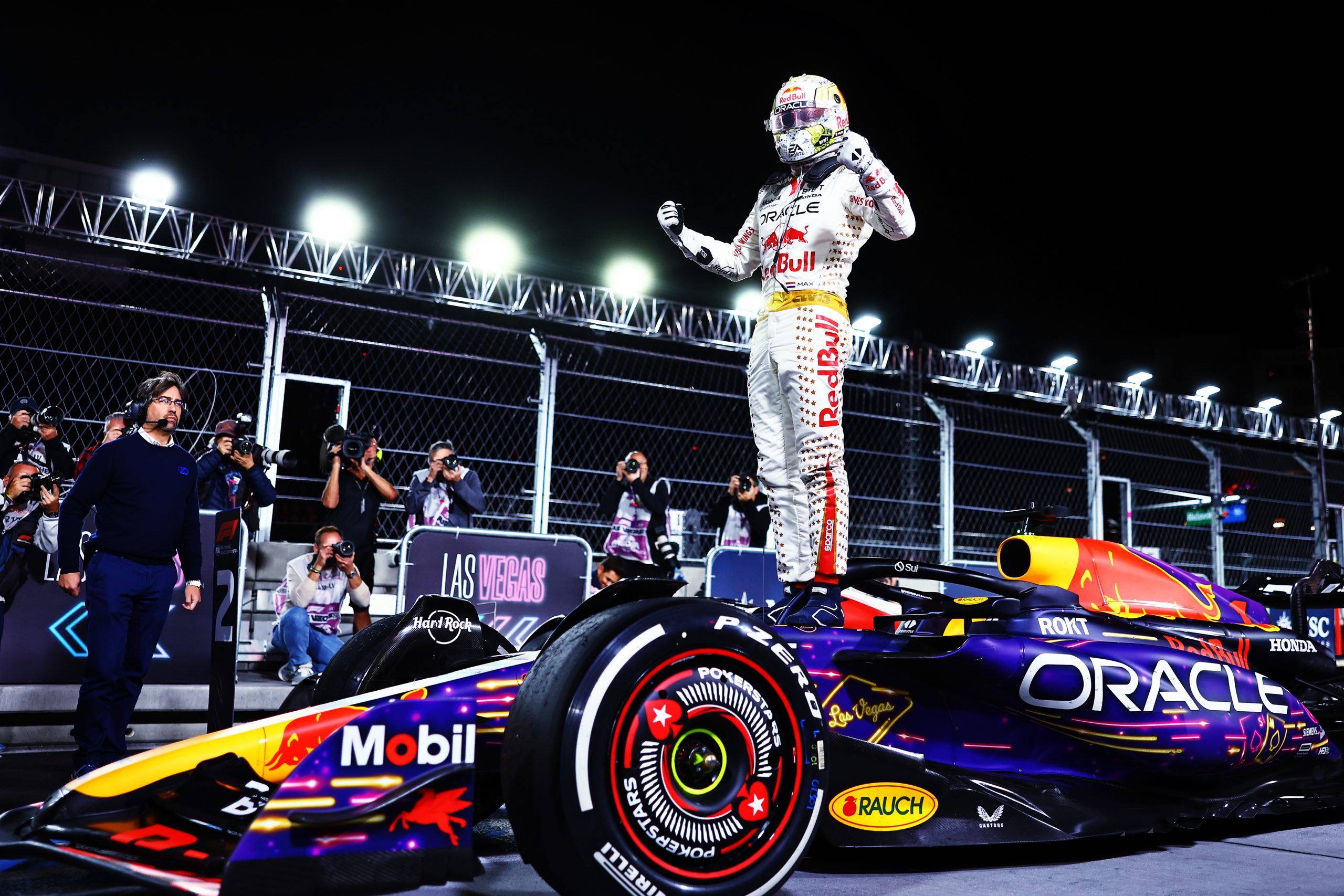Race winner Max Verstappen of the Netherlands and Oracle Red Bull Racing celebrates in parc ferme during the F1 Grand Prix of Las Vegas at Las Vegas Strip Circuit on November 18, 2023 in Las Vegas, Nevada. (Photo by Mark Thompson/Getty Images)