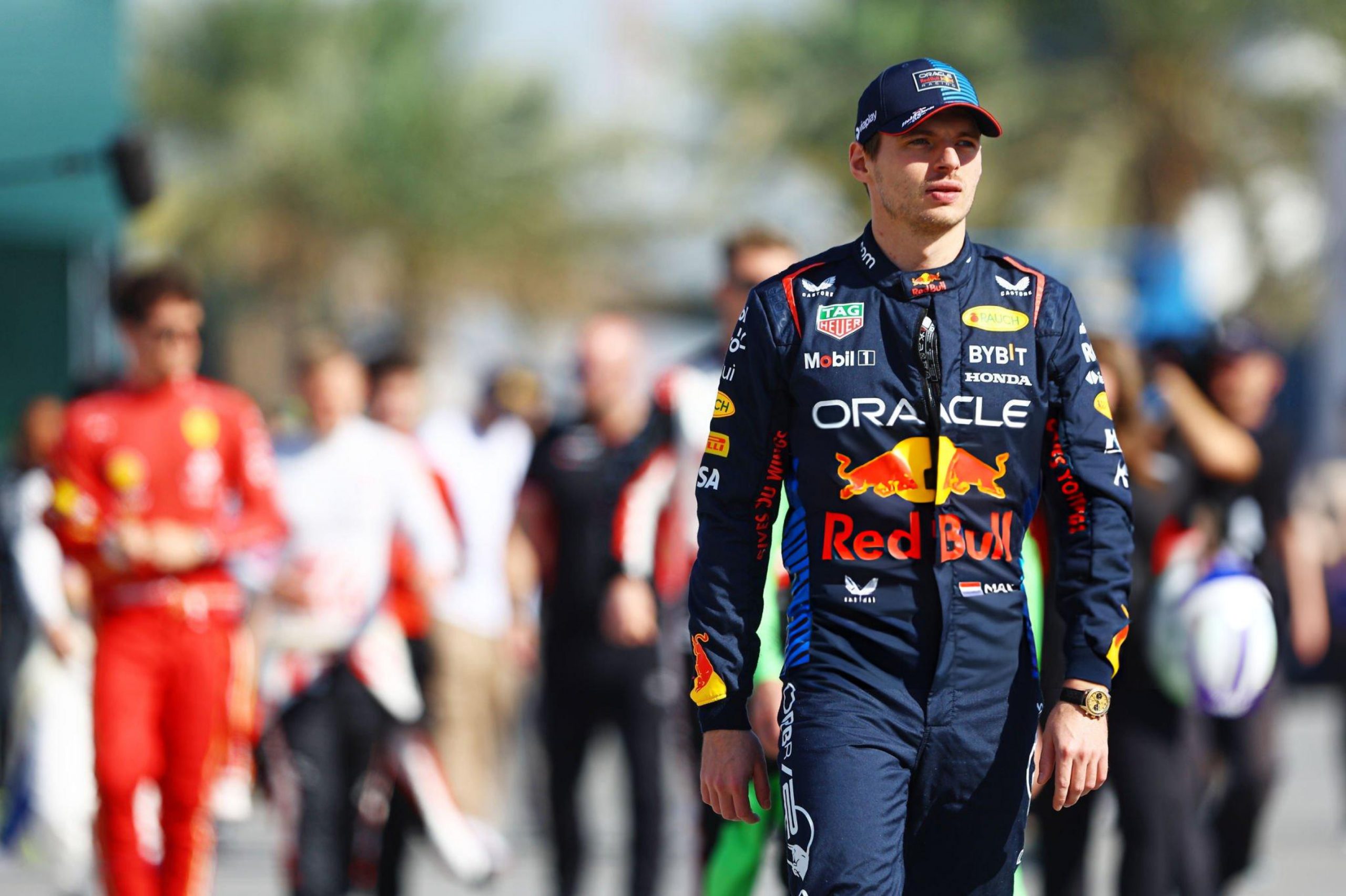 BAHRAIN, BAHRAIN - FEBRUARY 21: Max Verstappen of the Netherlands and Oracle Red Bull Racing walks in the Paddock during day one of F1 Testing at Bahrain International Circuit on February 21, 2024 in Bahrain, Bahrain. (Photo by Mark Thompson | Getty Images)