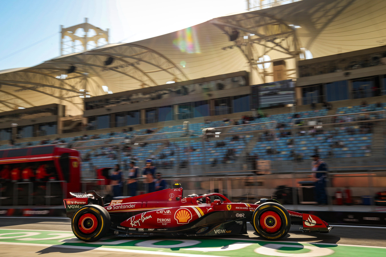 Carlos Sainz (55) leaves the Scuderia Ferrari garage in his SF-24 for practice ahead of the Bahrain Grand Prix(Source: Scuderia Ferrari)