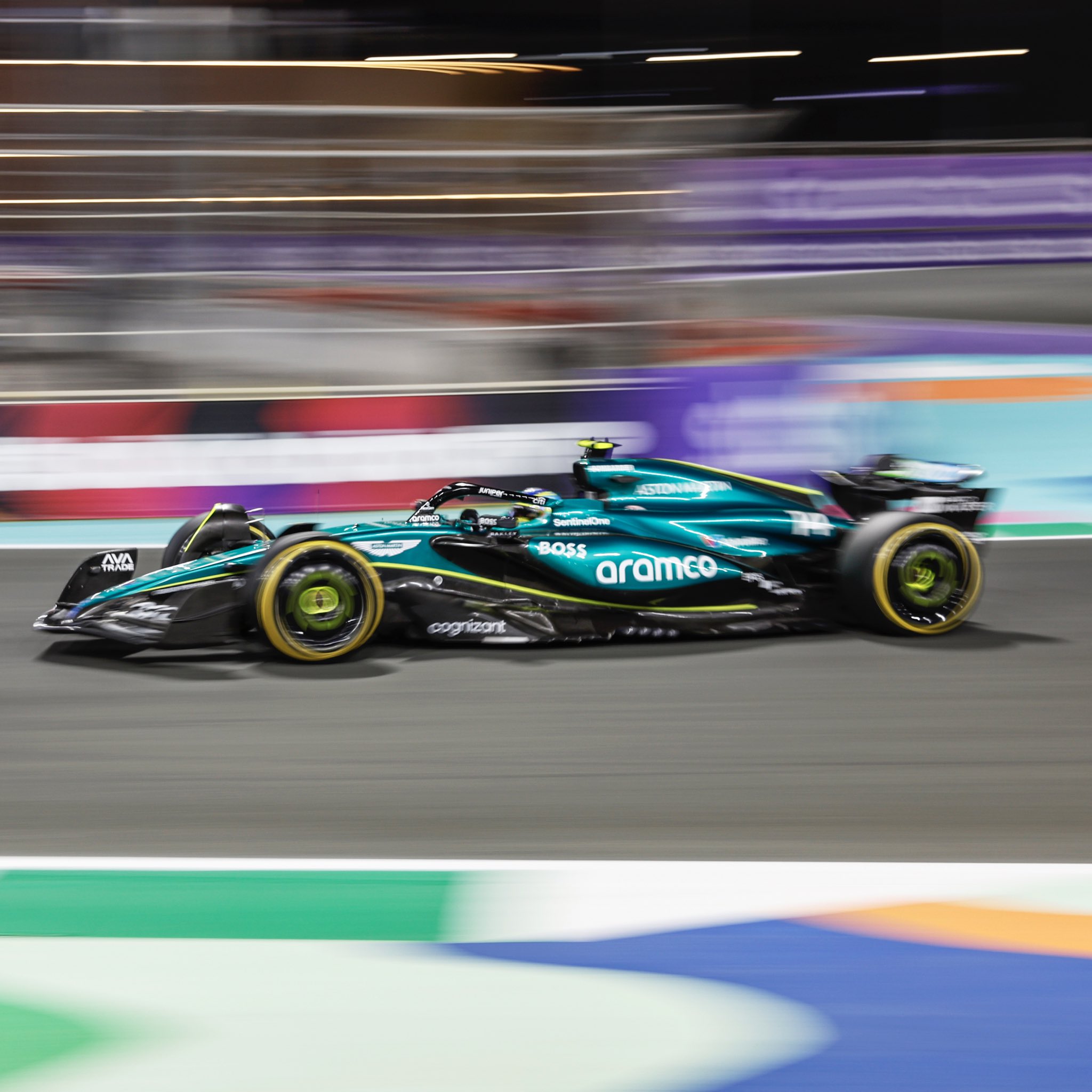 Fernando Alonso (14) Runs in the Jeddah Jeddah Corniche Circuit during the second practice for the Saudi Arabian Grand Prix in his Aston Martin Aramco-Mercedes AMR24 for his fastest lap in the session (Photo: Aston Martin F1 via X)