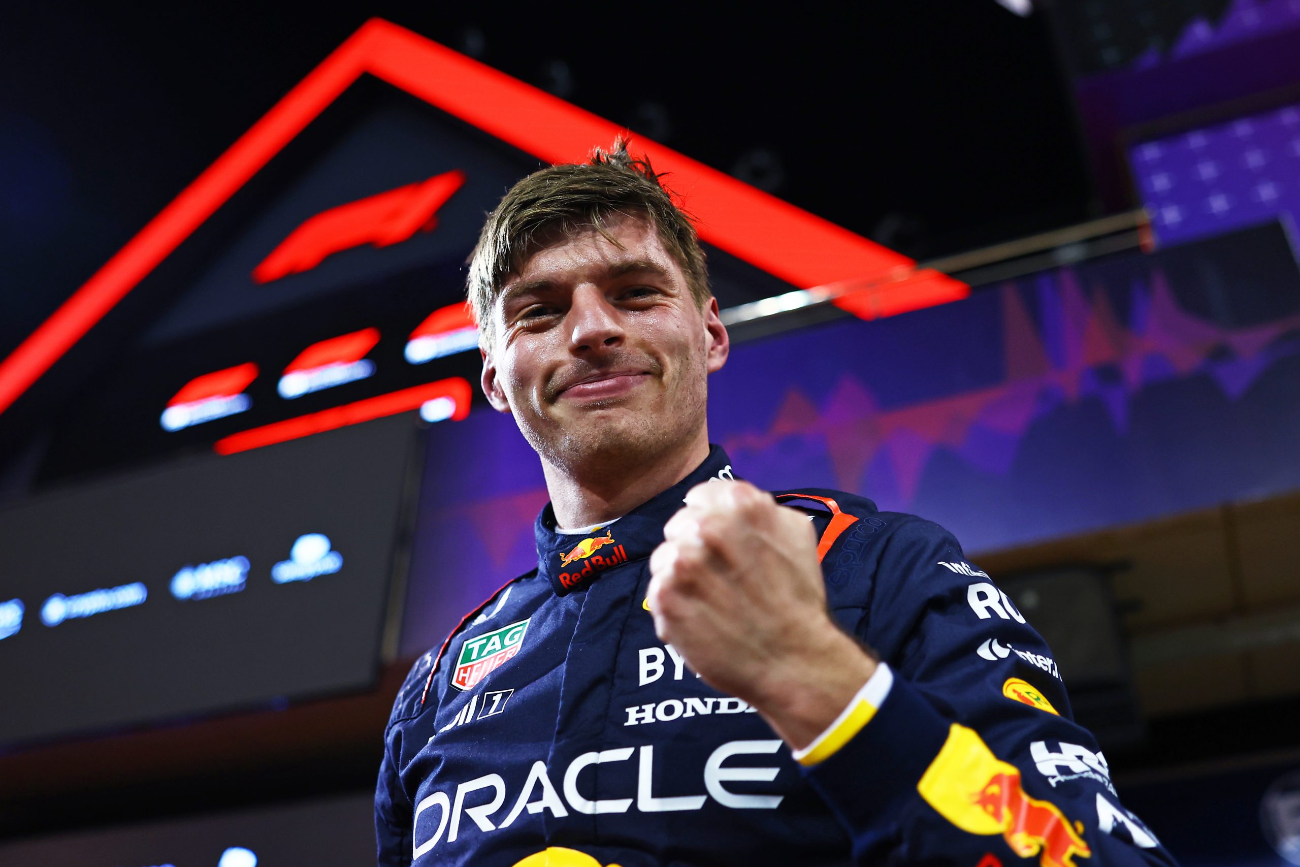 Pole position qualifier Max Verstappen of the Netherlands and Oracle Red Bull Racing celebrates in parc ferme during qualifying ahead of the F1 Grand Prix of Bahrain at Bahrain International Circuit on March 01, 2024 in Bahrain, Bahrain. (Photo by Mark Thompson/Getty Images)