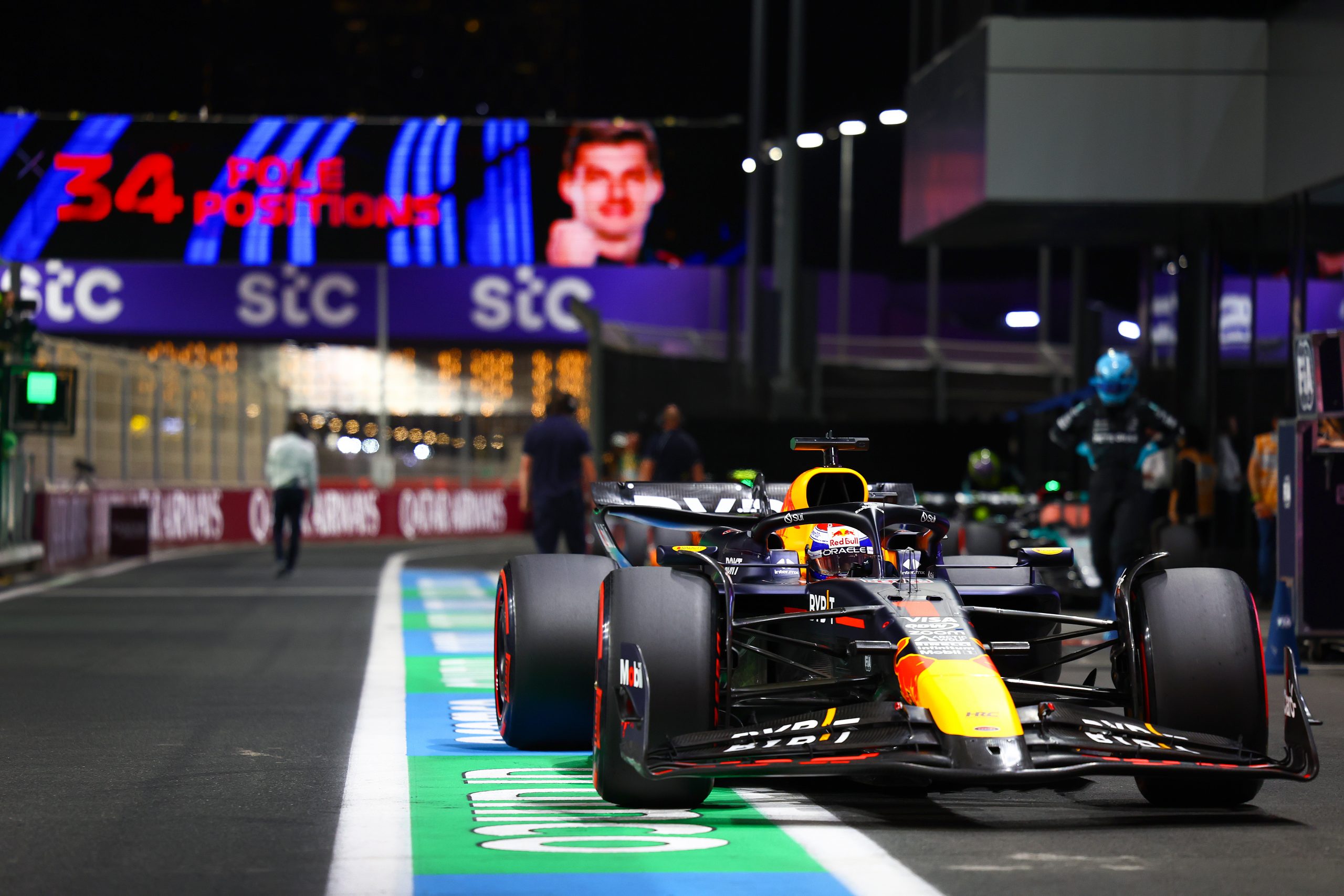 Pole position qualifier Max Verstappen of the Netherlands driving the (1) Oracle Red Bull Racing RB20 stops in parc ferme during qualifying ahead of the F1 Grand Prix of Saudi Arabia at Jeddah Corniche Circuit on March 08, 2024 in Jeddah, Saudi Arabia. (Photo by Mark Thompson/Getty Images)