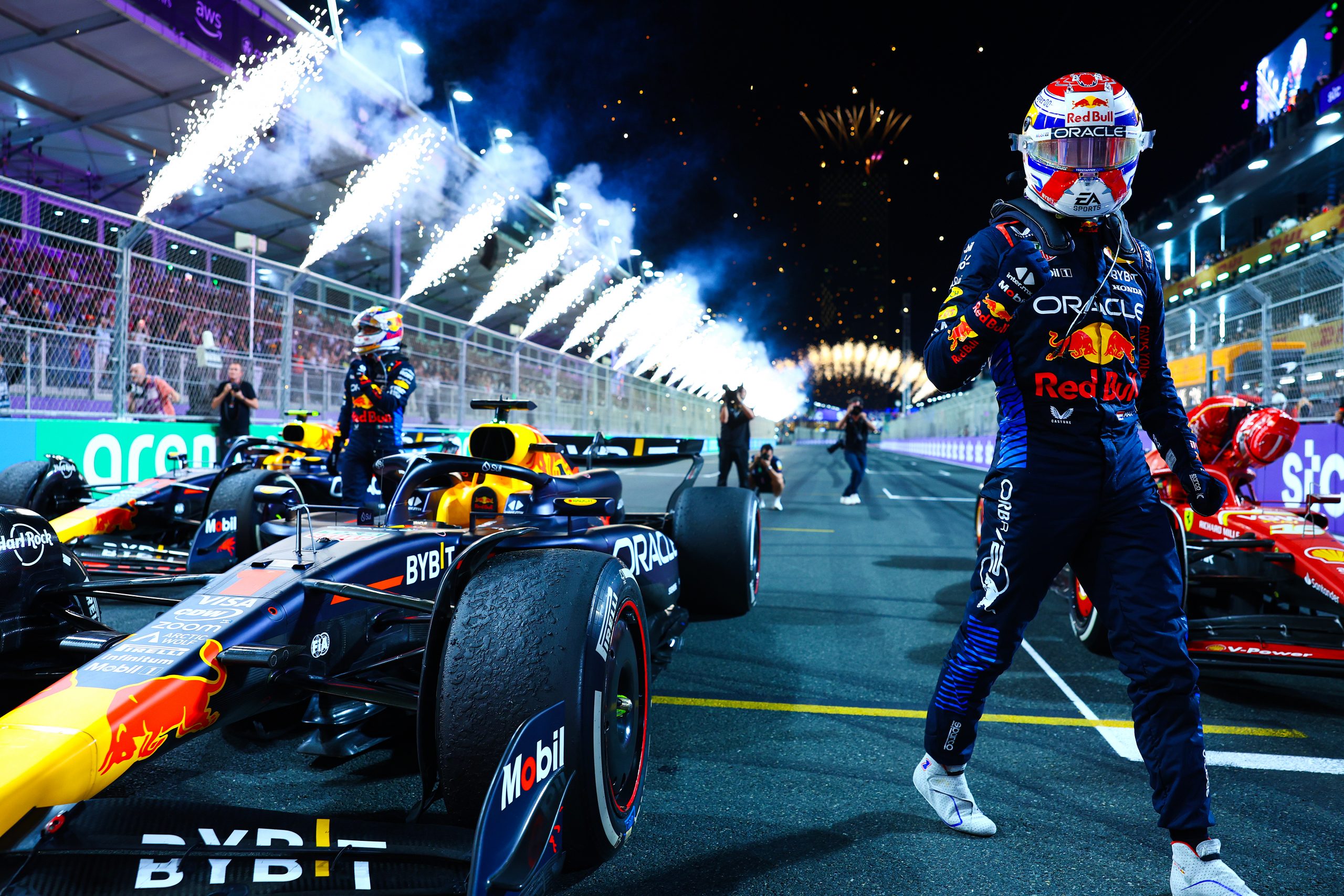 Race winner Max Verstappen of the Netherlands and Oracle Red Bull Racing celebrates in parc ferme during the F1 Grand Prix of Saudi Arabia at Jeddah Corniche Circuit on March 09, 2024 in Jeddah, Saudi Arabia. (Photo by Mark Thompson/Getty Images) 