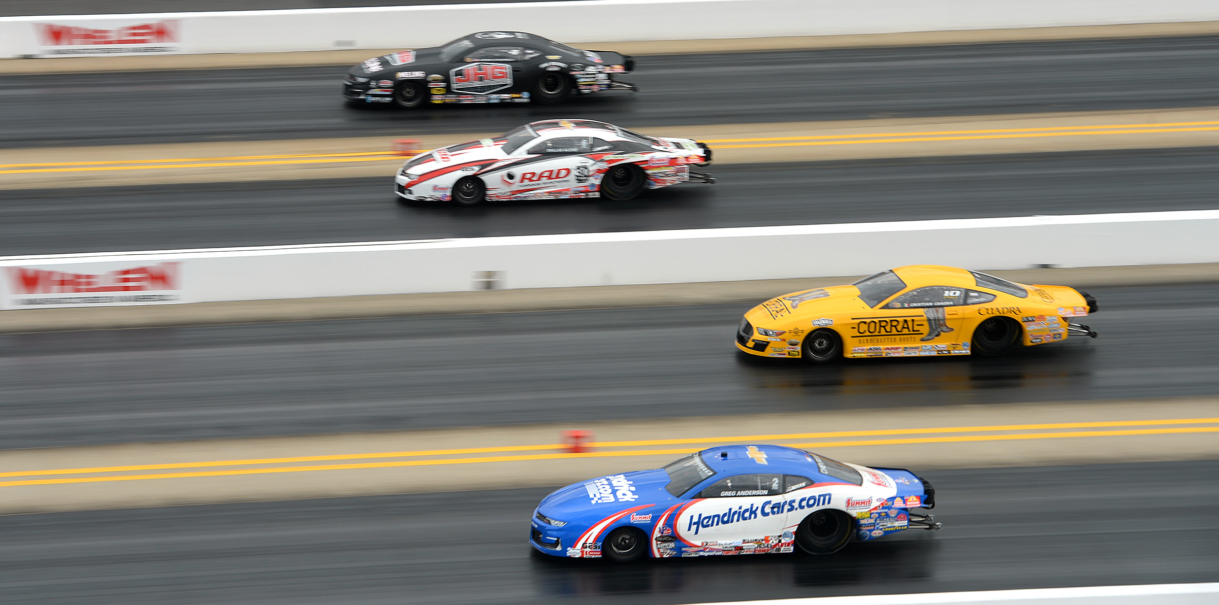 Greg Anderson (near lane) picked up the win in the Pro Stock class at the NHRA 4-wide Nationals at zMax Dragway on Sunday.