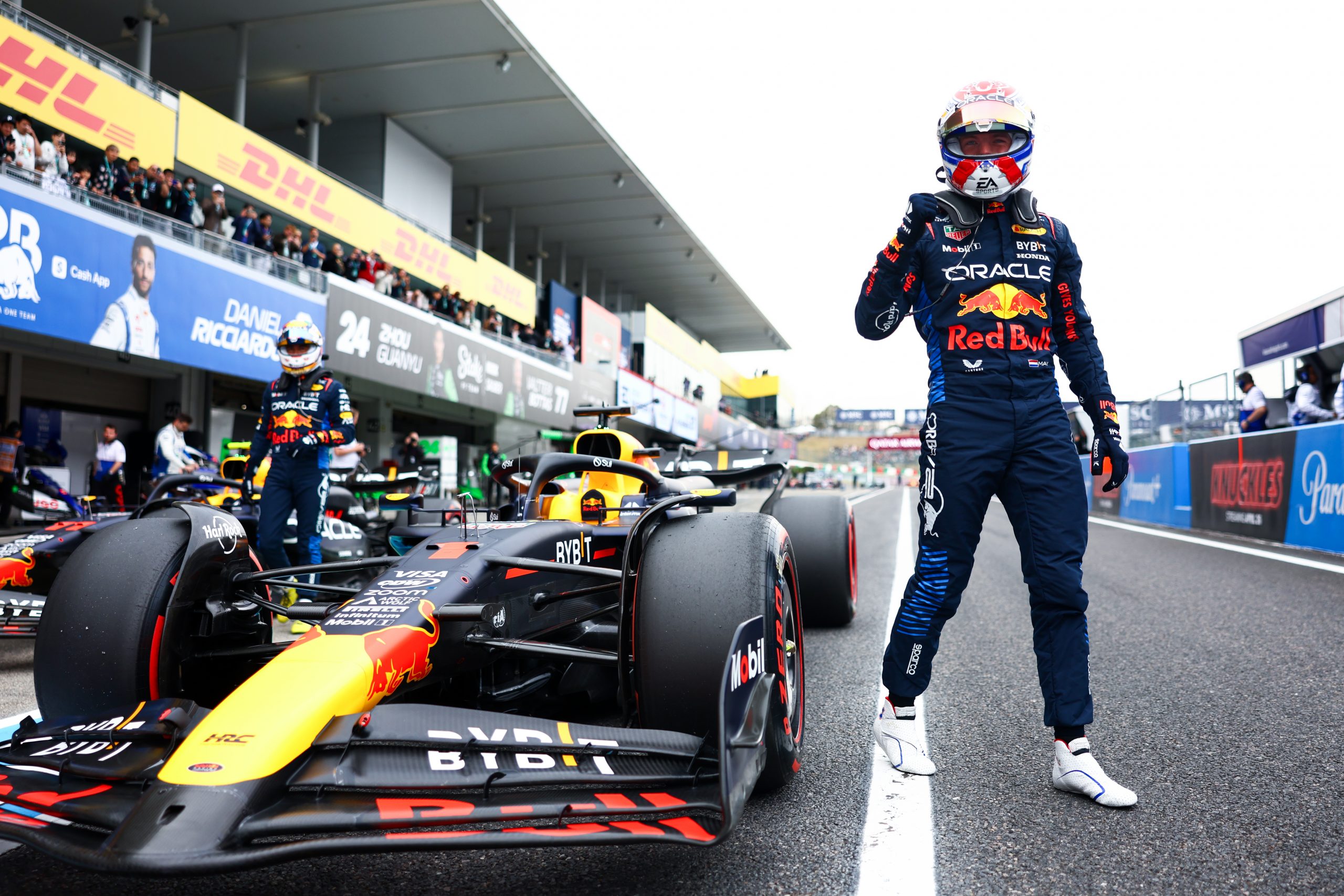 Pole position qualifier Max Verstappen of the Netherlands and Oracle Red Bull Racing celebrates in parc ferme during qualifying ahead of the F1 Grand Prix of Japan at Suzuka International Racing Course on April 06, 2024 in Suzuka, Japan. (Photo by Mark Thompson/Getty Images)