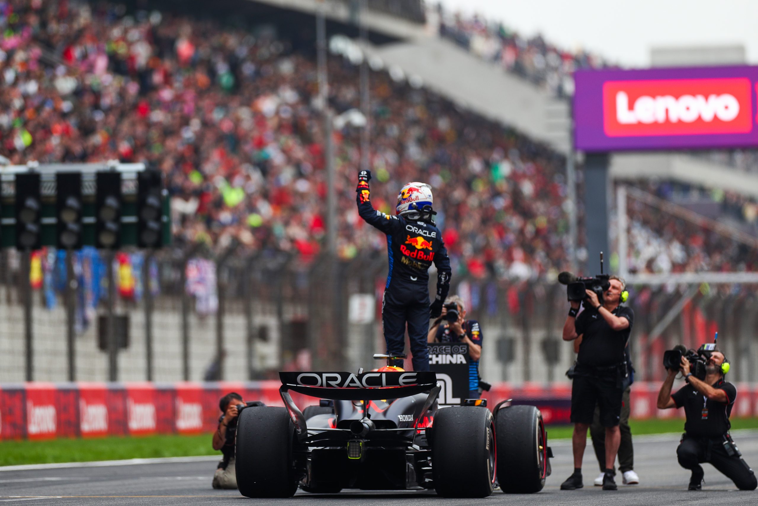 Max Verstappen of Oracle Red Bull Racing and The Netherlands celebrates finishing in first position in parc ferme during the F1 Grand Prix of China at Shanghai International Circuit on April 21, 2024 in Shanghai, China. (Photo by Peter Fox/Getty Images)
