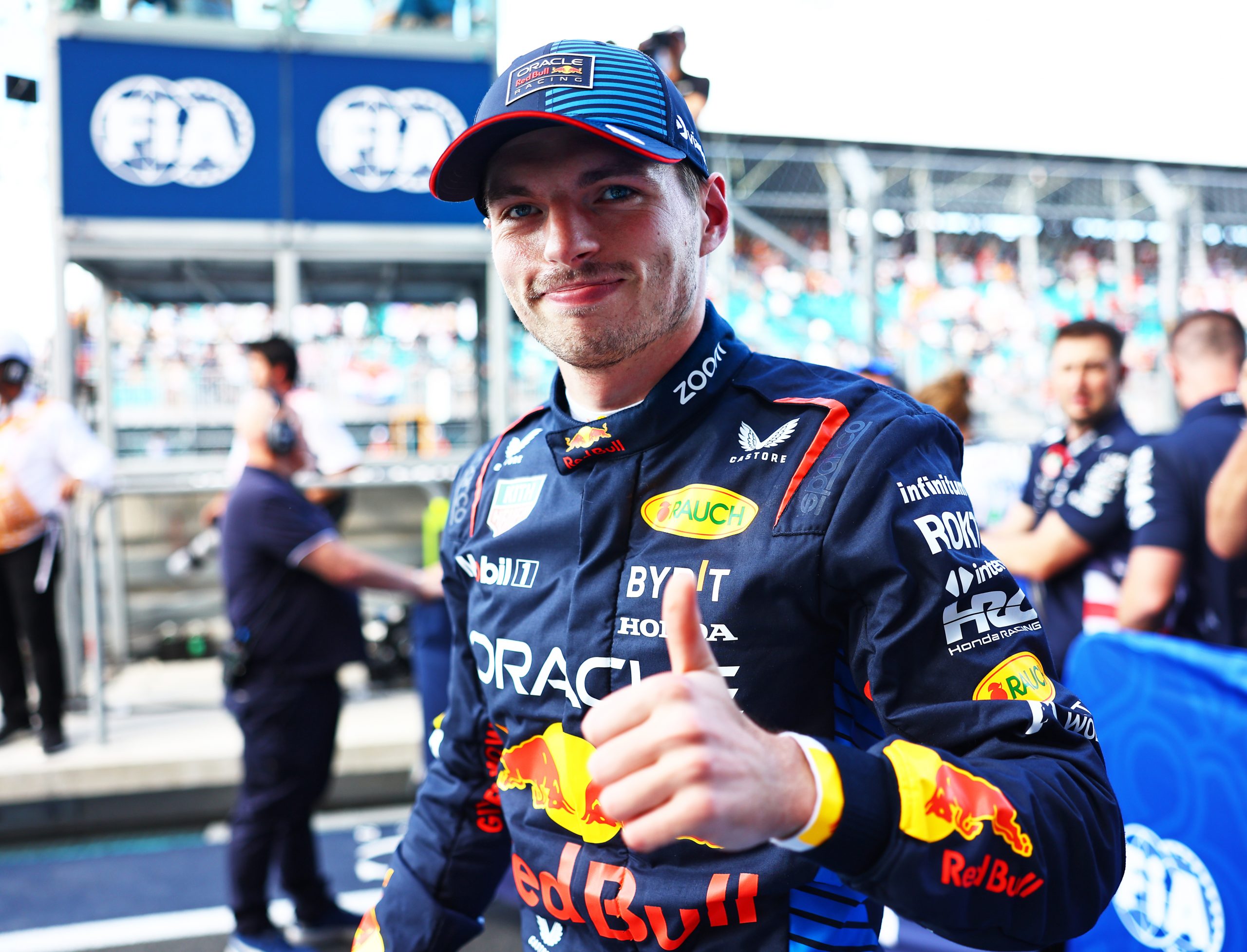 Sprint Pole qualifier Max Verstappen of the Netherlands and Oracle Red Bull Racing celebrates in parc ferme during Sprint Qualifying ahead of the F1 Grand Prix of Miami at Miami International Autodrome on May 03, 2024 in Miami, Florida. (Photo by Mark Thompson/Getty Images)