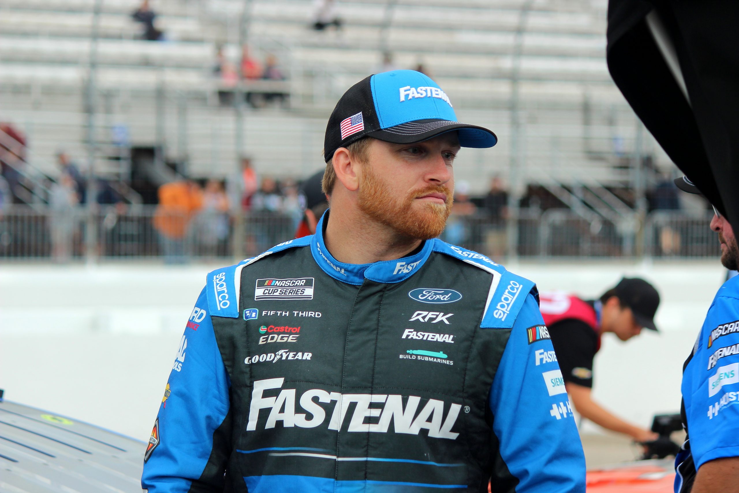 Chris Buescher prepares in pit road for the USA Today 301 at New Hampshire.