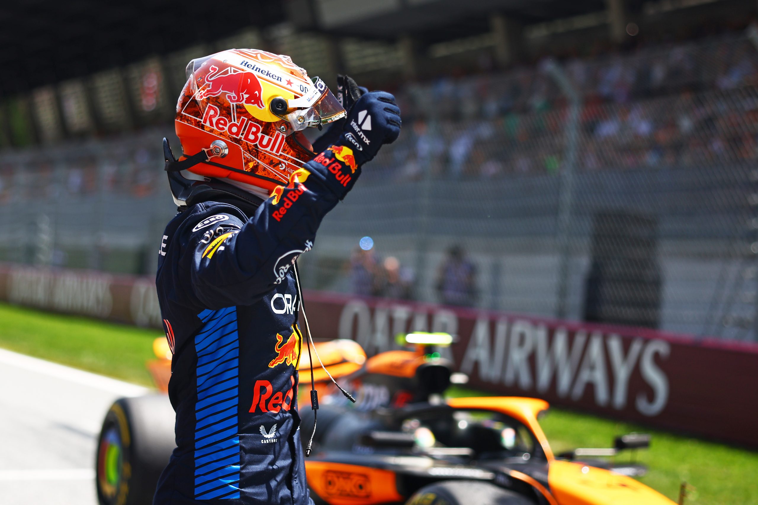 Sprint winner Max Verstappen of the Netherlands and Oracle Red Bull Racing celebrates in parc ferme during the Sprint ahead of the F1 Grand Prix of Austria at Red Bull Ring on June 29, 2024 in Spielberg, Austria. (Photo by Mark Thompson/Getty Images)