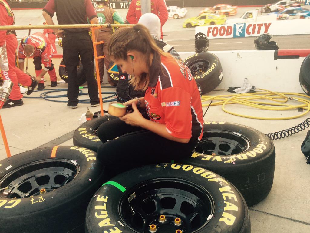 Liz Snyder focuses on the work at hand during race day for the No. 7 Cup team.