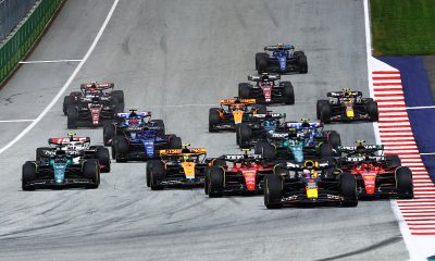 Max Verstappen (1) leads the field at the start of the Austrian Grand Prix up to Turn 1