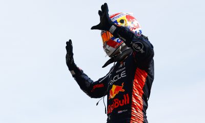 Max Verstappen (1) holds up 10 fingers after winning his 10th Grand Prix in a row for Red Bull Racing following the end of the Formula 1 Italian Grand Prix at Monza