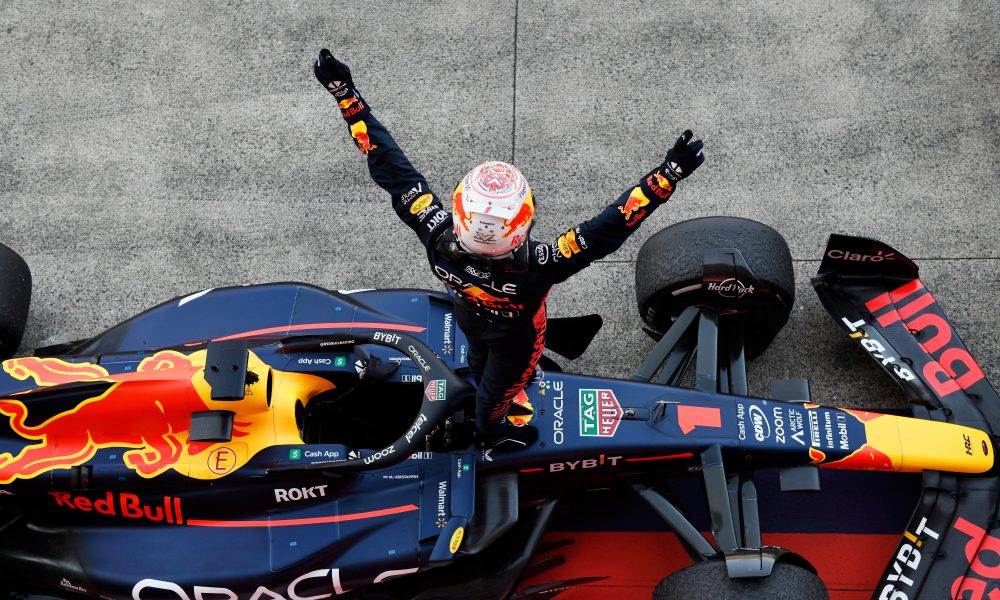 Race winner Max Verstappen of the Netherlands and Oracle Red Bull Racing celebrates in parc ferme during the F1 Grand Prix of Japan at Suzuka International Racing Course