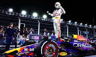 Race winner Max Verstappen of the Netherlands and Oracle Red Bull Racing celebrates in parc ferme during the F1 Grand Prix of Las Vegas at Las Vegas Strip Circuit on November 18, 2023 in Las Vegas, Nevada. (Photo by Mark Thompson/Getty Images)