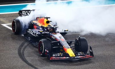 Race winner Max Verstappen of the Netherlands driving the (1) Oracle Red Bull Racing RB19 performs donuts on track during the F1 Grand Prix of Abu Dhabi at Yas Marina Circuit on November 26, 2023 in Abu Dhabi, United Arab Emirates. (Photo by Clive Rose/Getty Images)