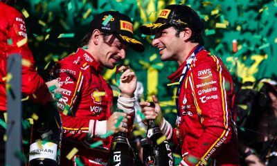 Carlos Sainz (55) celebrates with Ferrari teammate Charles Leclerc (16) following the team 1-2 finish in the 2024 Australian Grand Prix (Source: Scuderia Ferrari)