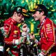 Carlos Sainz (55) celebrates with Ferrari teammate Charles Leclerc (16) following the team 1-2 finish in the 2024 Australian Grand Prix (Source: Scuderia Ferrari)