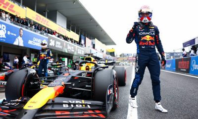 Pole position qualifier Max Verstappen of the Netherlands and Oracle Red Bull Racing celebrates in parc ferme during qualifying ahead of the F1 Grand Prix of Japan at Suzuka International Racing Course on April 06, 2024 in Suzuka, Japan. (Photo by Mark Thompson/Getty Images)