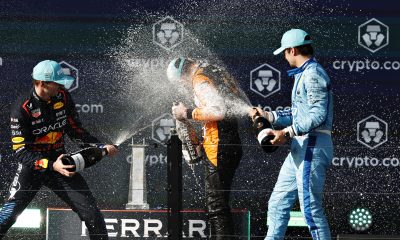 Race winner Lando Norris of Great Britain and McLaren, Second placed Max Verstappen of the Netherlands and Oracle Red Bull Racing and Third placed Charles Leclerc of Monaco and Ferrari celebrate on the podium after the F1 Grand Prix of Miami at Miami International Autodrome on May 05, 2024 in Miami, Florida. (Photo by Chris Graythen/Getty Images)