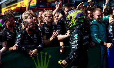 Lewis Hamilton celebrates with his Mercedes team after winning the 2024 Formula 1 Belgium Grand Prix at the Le Circuit de Spa-Francorchamps (Source: Mercedes AMG)