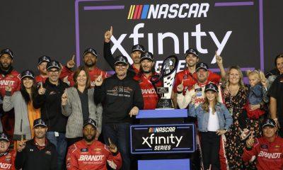 Justin Allgaier and the No. 7 Brandt JR Motorsports team celebrate their first NASCAR Xfinity Series championship at Phoenix Raceway on Saturday, November 9, 2024. (Photo: Ricky Martinez | The Podium Finish)