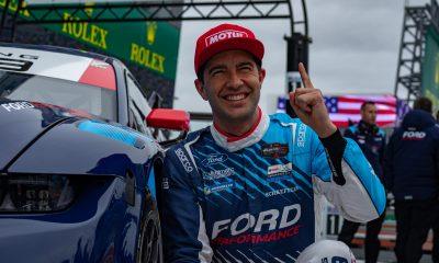 Mike Rockenfeller celebrates the first pole for Ford Multimatic Motorsports at Daytona International Speedway. (Photo: Jared Bokanoski | The Podium Finish)