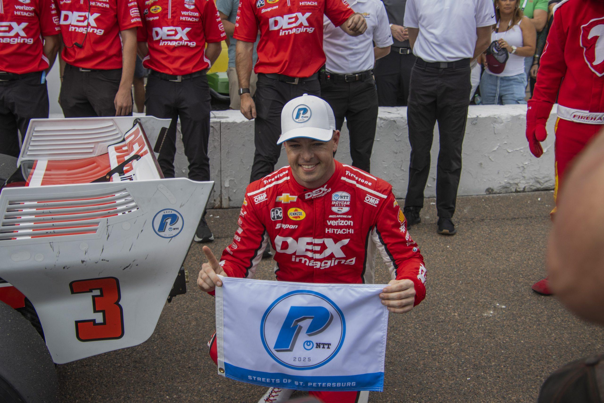 Scott McLaughlin poses in front of his No. 3 after claiming pole for the 21st running of the Firestone Grand Prix of St. Petersburg. (Photo Credit: Sydney Redden | The Podium Finish)